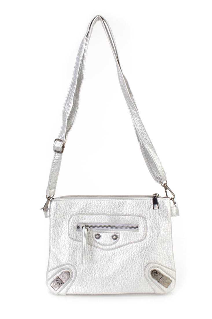 Silver Crinkled Faux Leather Double Zipper Handbag