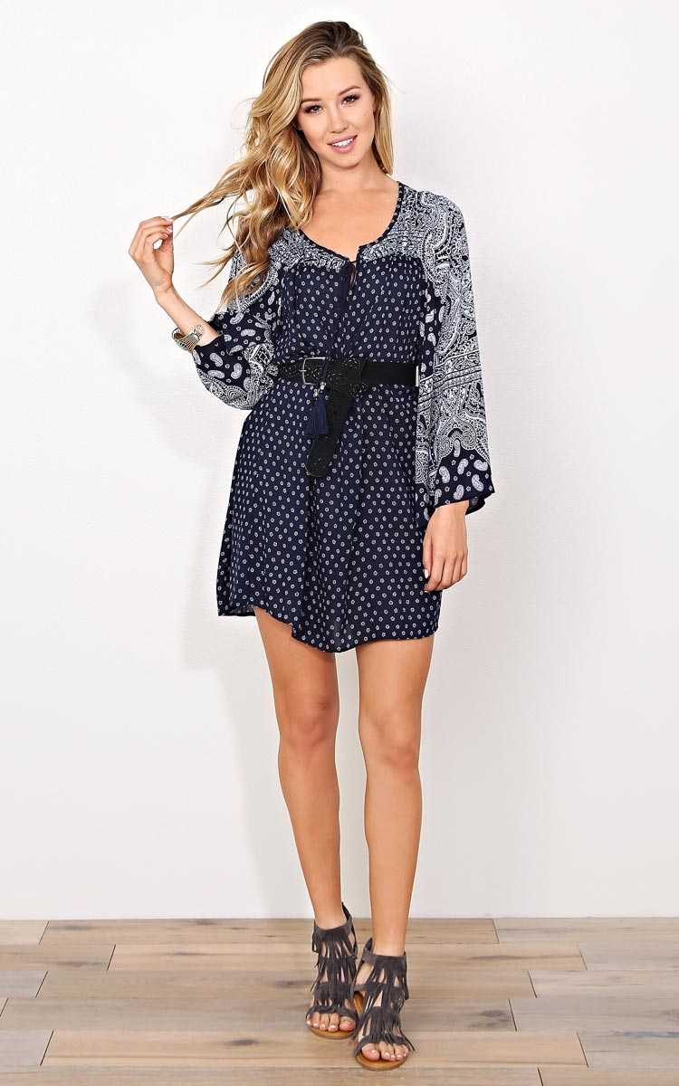 ANGIE Margot Woven Peasant Dress - SML - Navy Combo in Size Small by Styles For Less