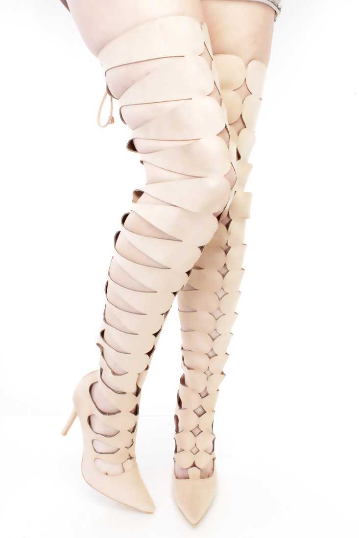 Nude Thigh High Strappy High Heel Boots Faux Suede