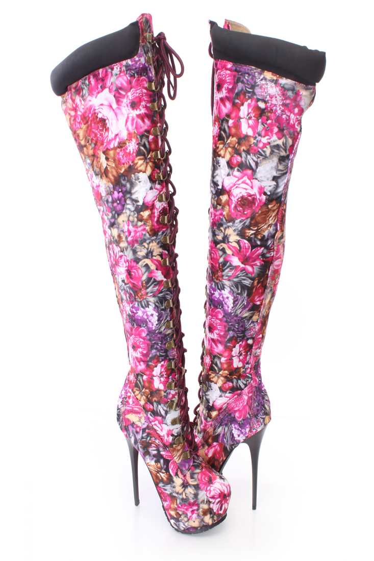 Pink Floral Print Lace Up Thigh High Platform Boots Fabric
