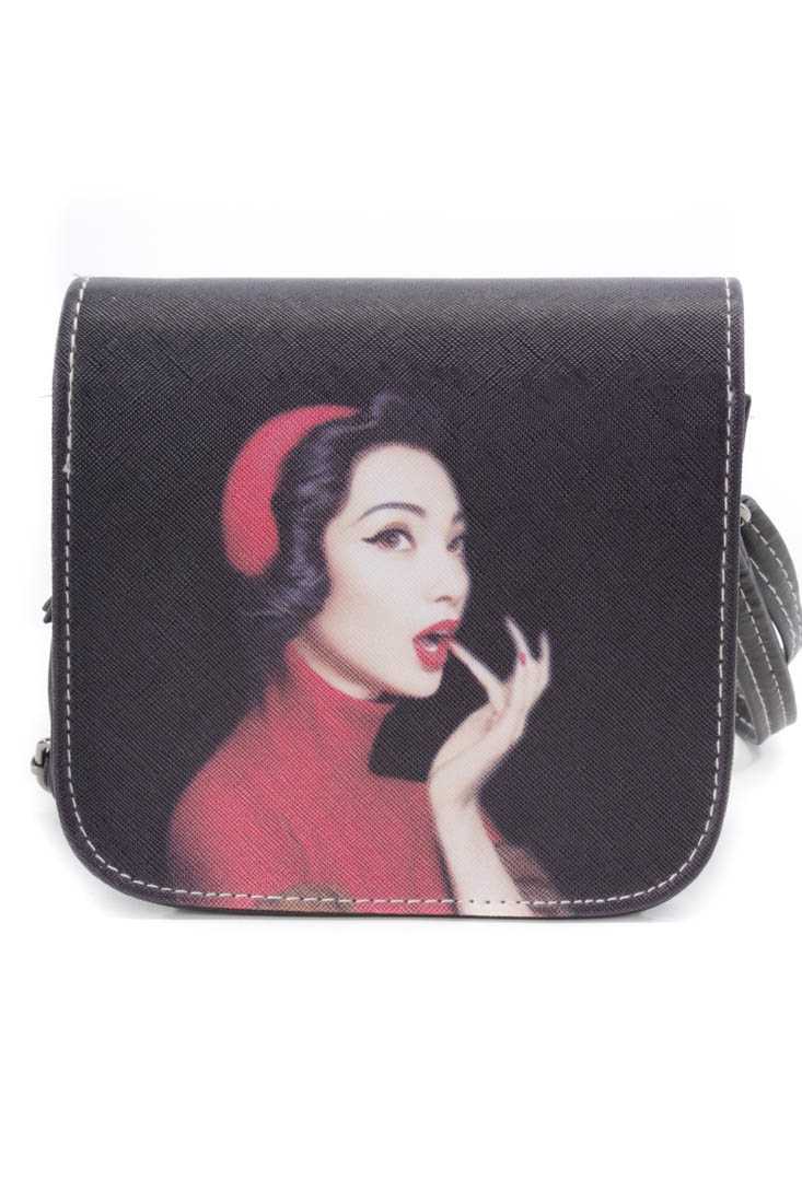 Black Red Faux Leather Model Print Mini Handbag