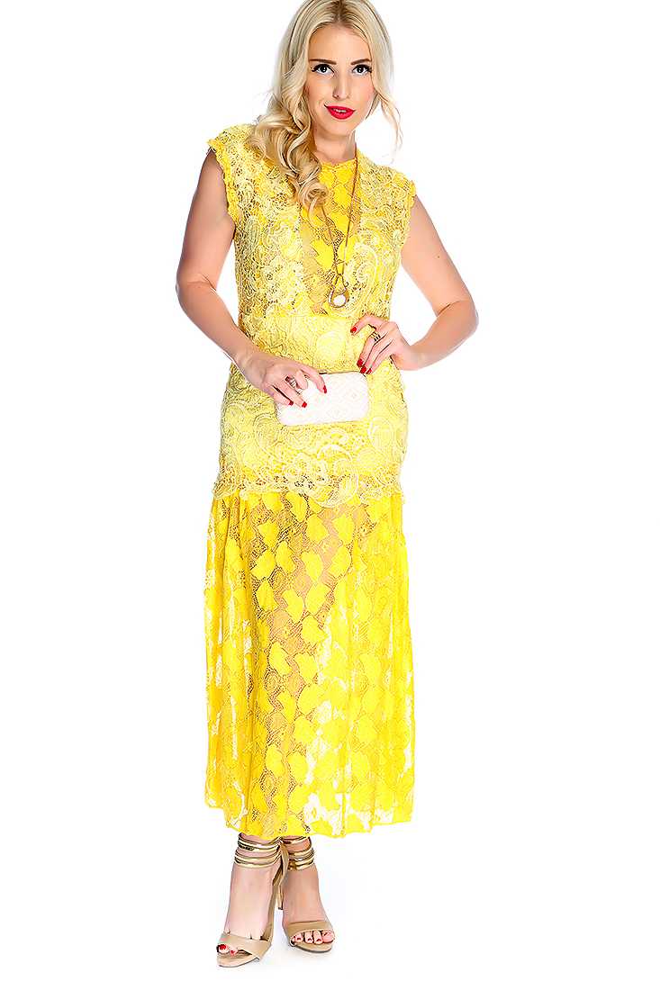 Sexy Yellow Leaf Crochet Overlay Party Dress