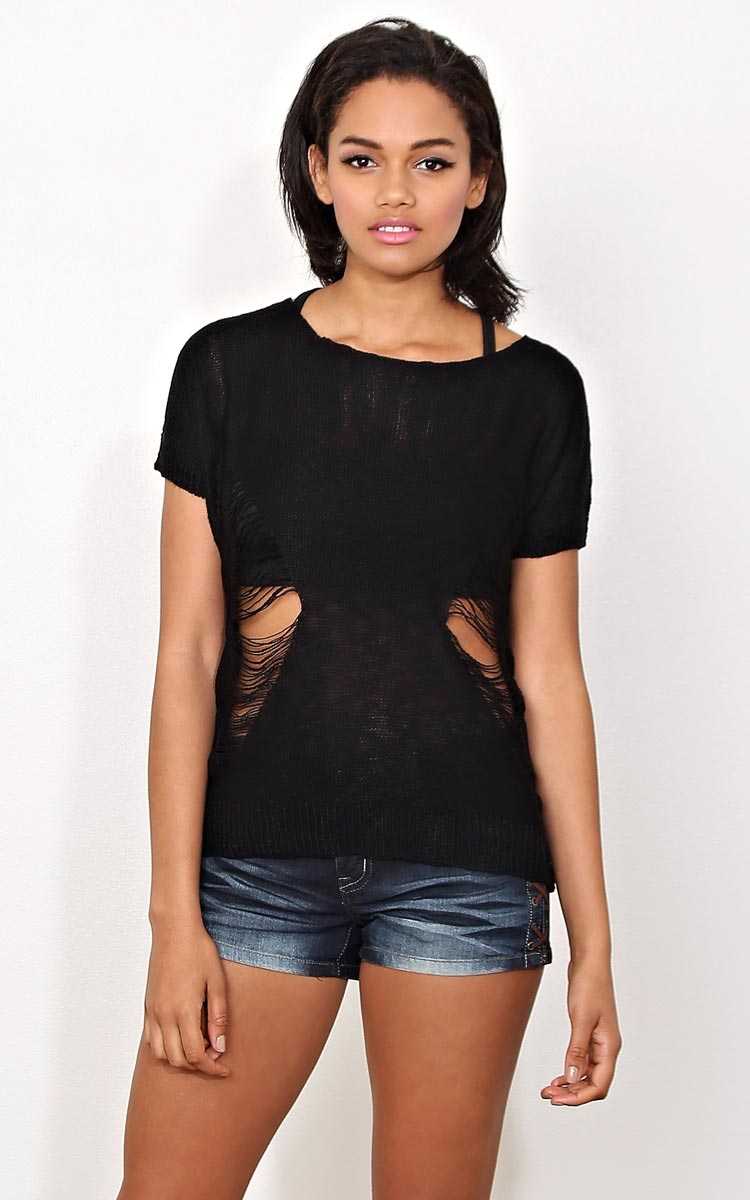 Black Shredded Sweater Knit Top - - Black in Size by Styles For Less