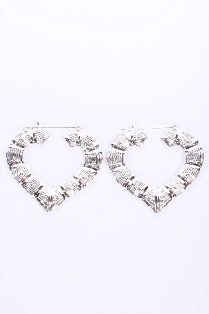 Silver Heart Shape Texture Dangle Large Earrings