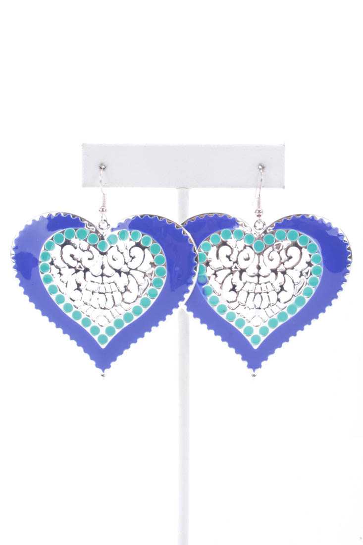 Blue Lacquer Finished Intricate Design High Polish Metal Earrings