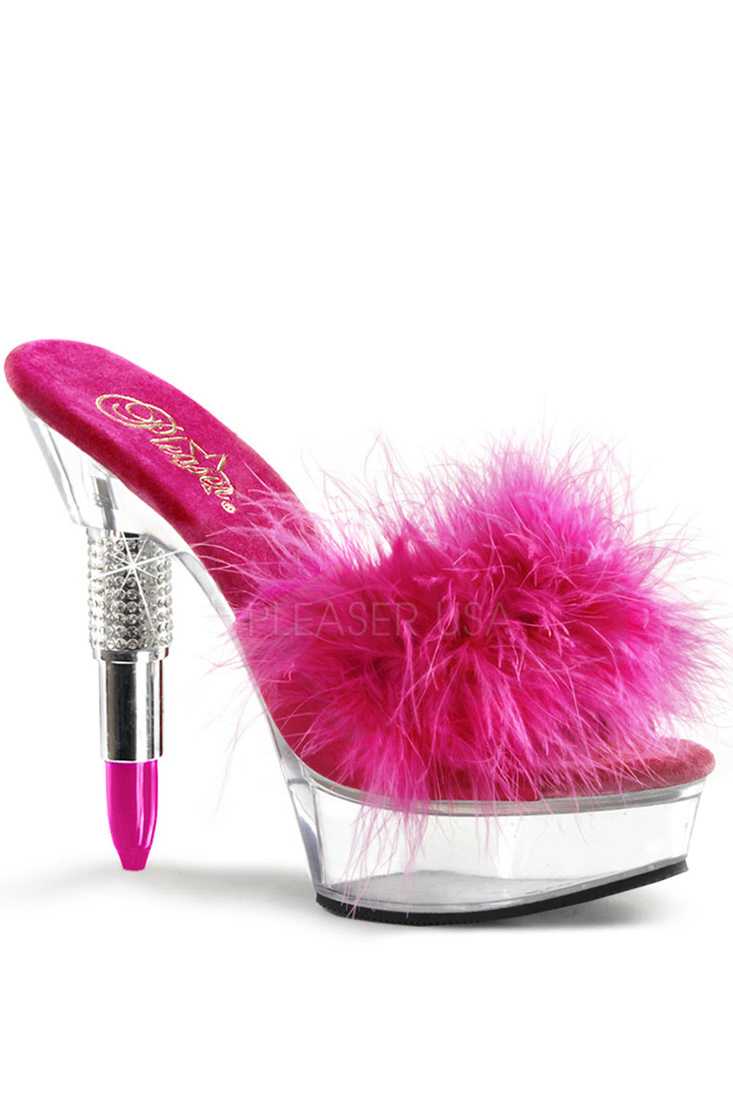 Fuchsia Rhinestone Embedded Lipstick Marabou Platform High Heels