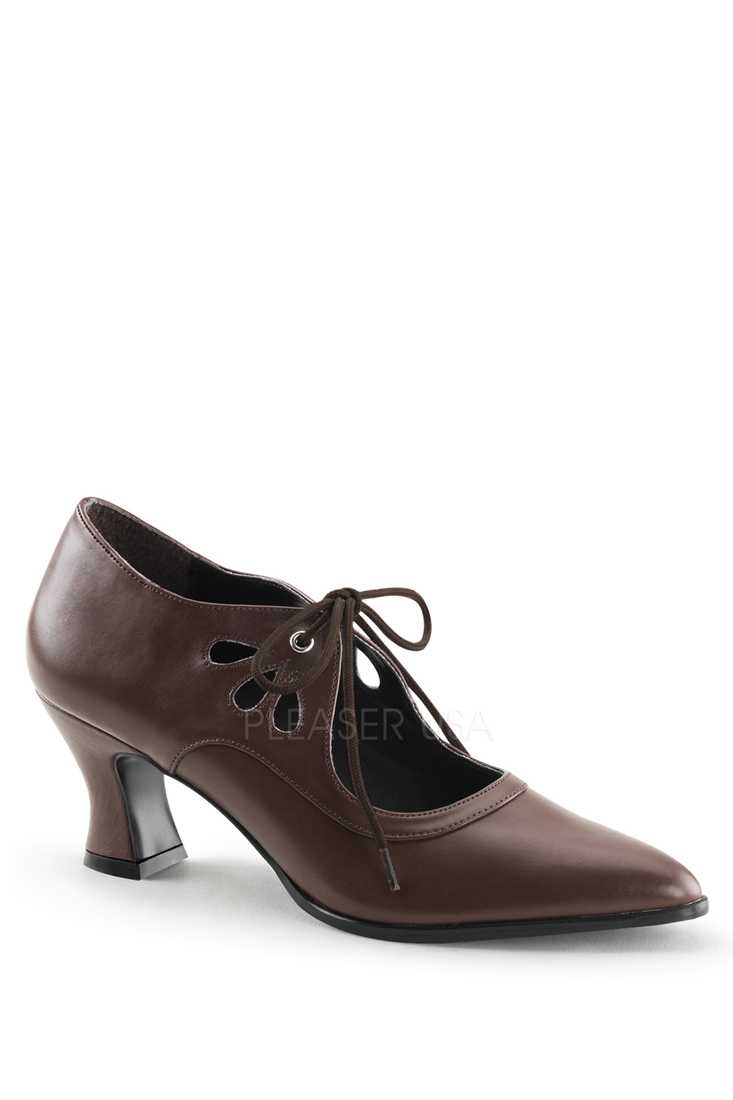 Brown Lace Tie Pointed Toe Booties Faux Leather
