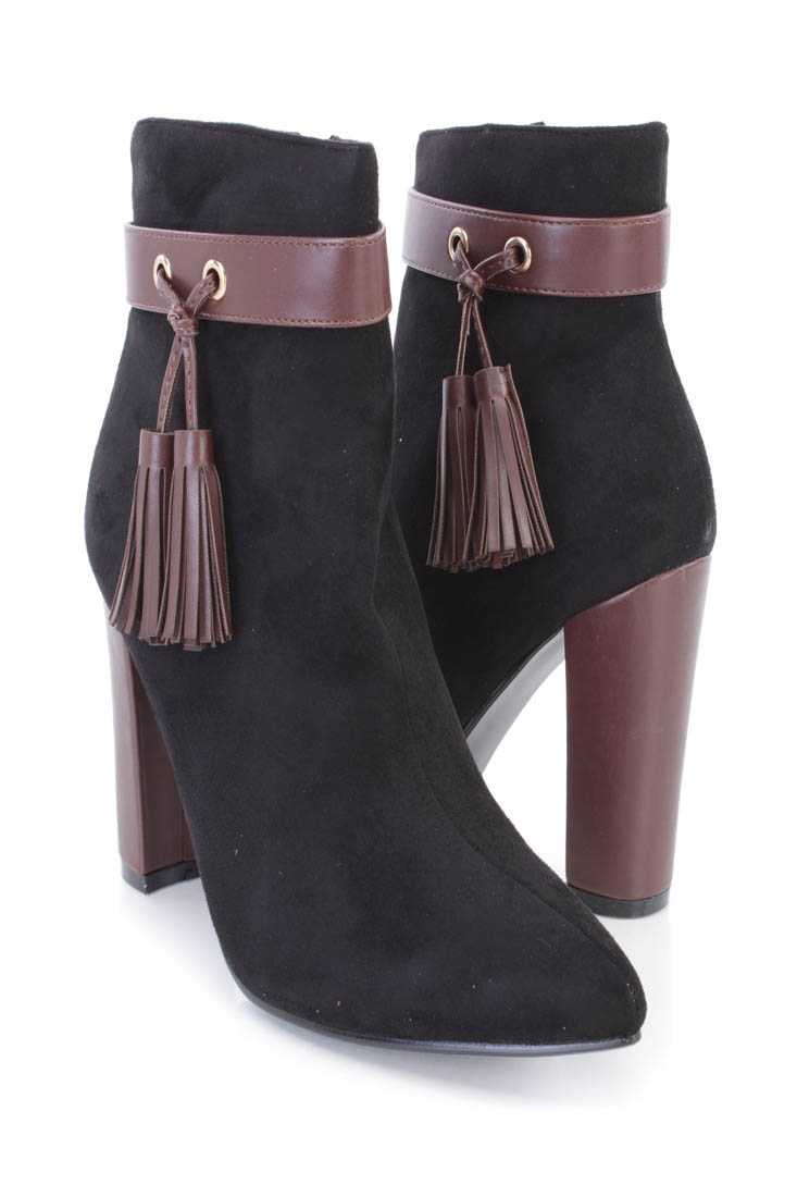 Black Side Tassel Single Sole Ankle Booties Faux Suede