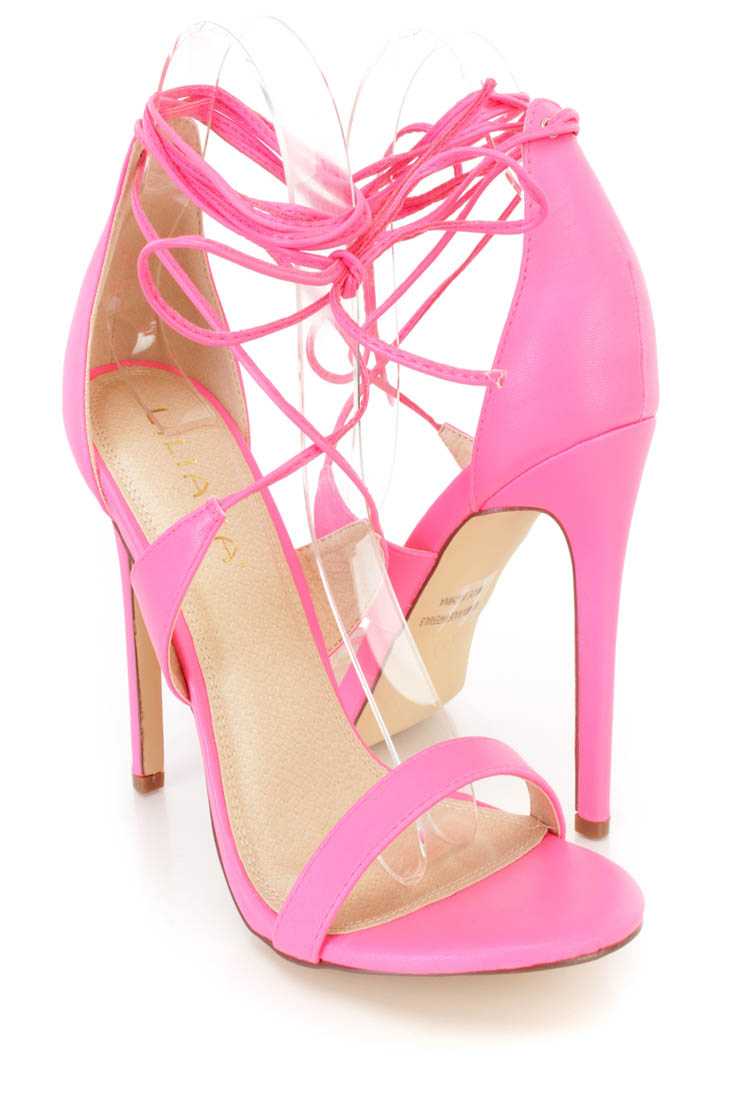 Neon Pink Lace Up Open Toe Single Sole High Heels Faux Leather