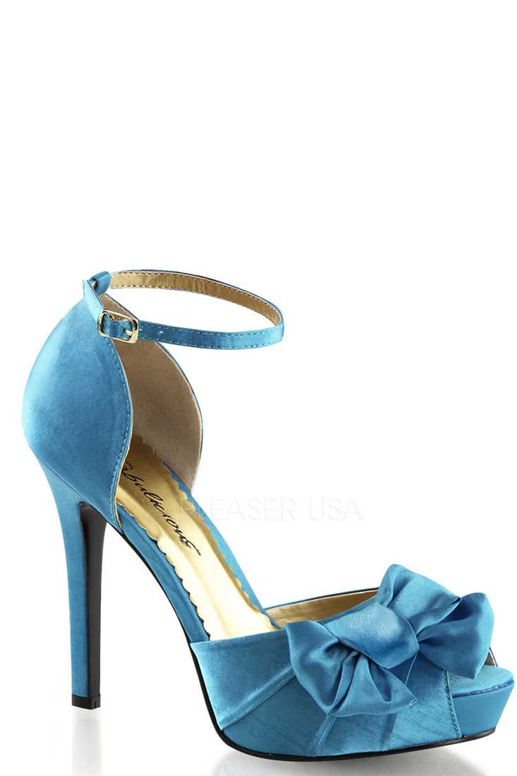 Blue Bow Accent Peep Toe High Heels Satin