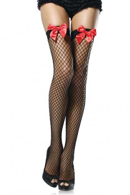 Black Red Satin Bow Accent Thigh High