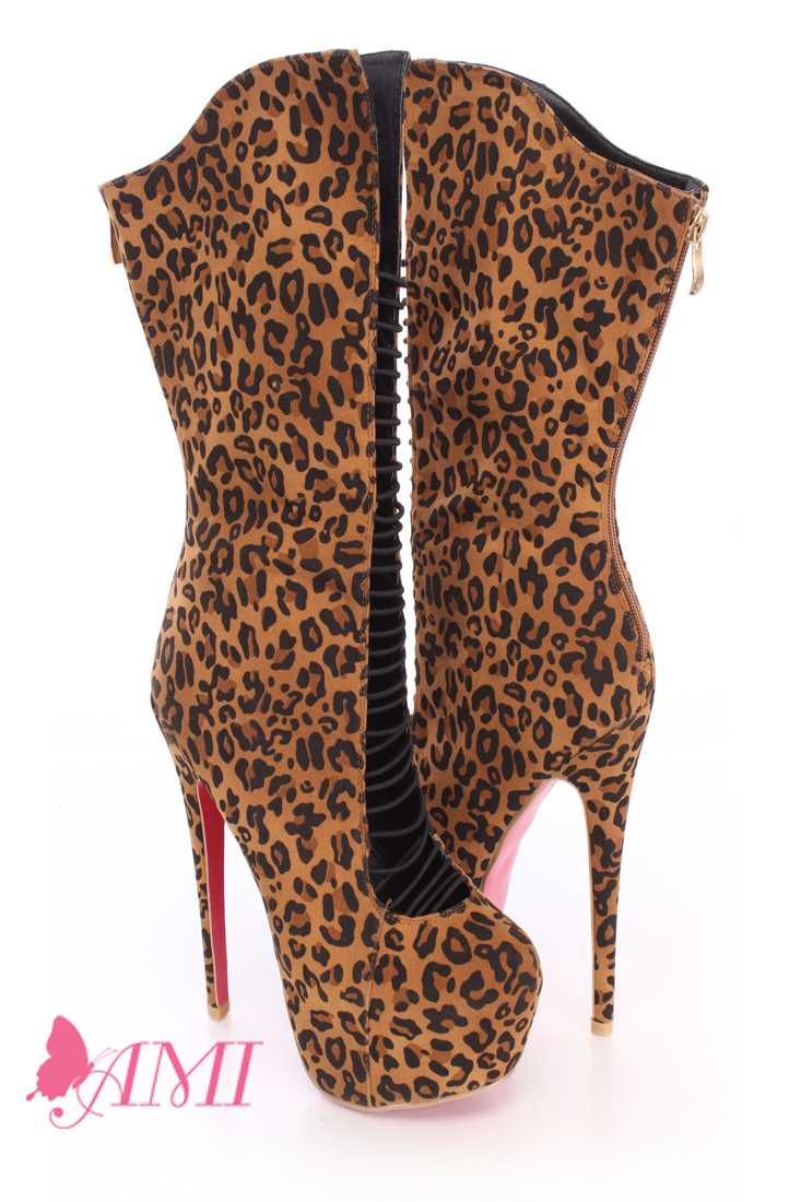 Leopard Strappy Mid Calf Pink Bottom Boots Faux Leather