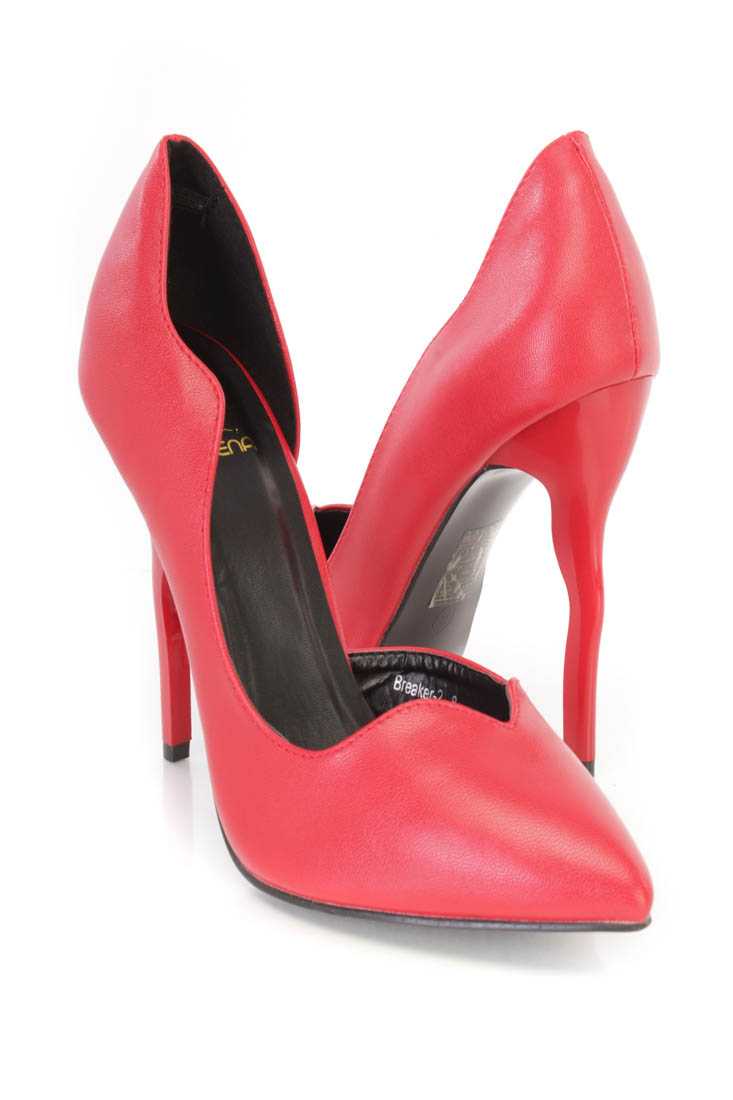 Red Pointed Toe D-Orsay Single Sole Pump High Heels Faux Leather