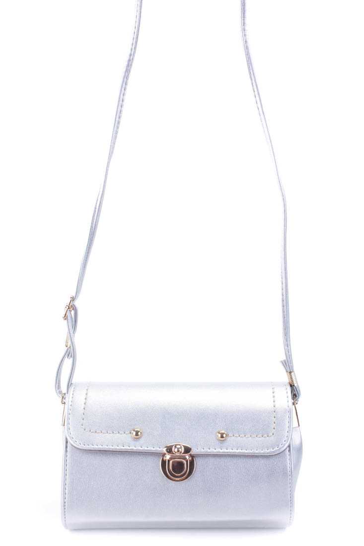 Silver Faux Leather Baguette Handbag