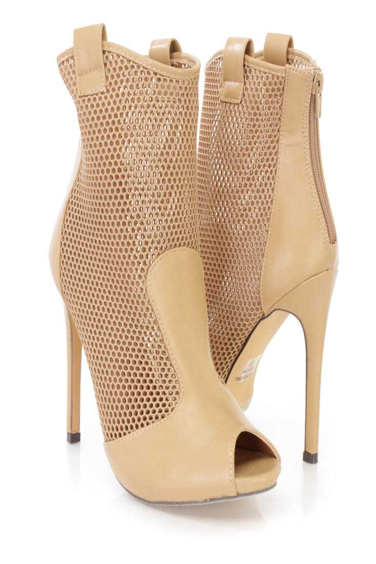 Beige Netted Peep Toe Stiletto Booties Faux Leather