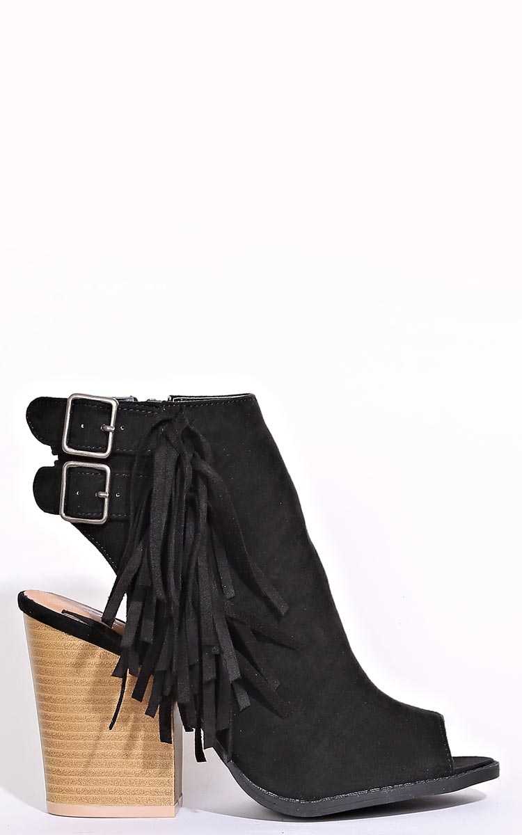 QUPID Sashay Faux Suede Fringe Booties - Black in Size 6 by Styles For Less