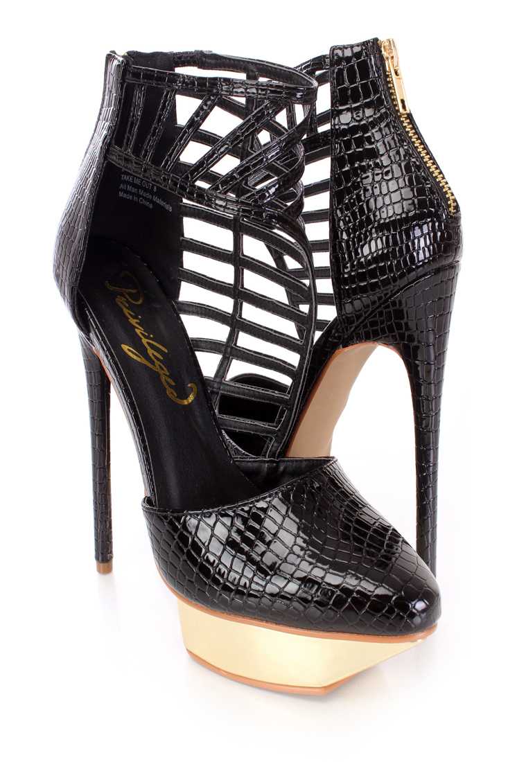 Black Strappy Stacked Platform Heels Patent