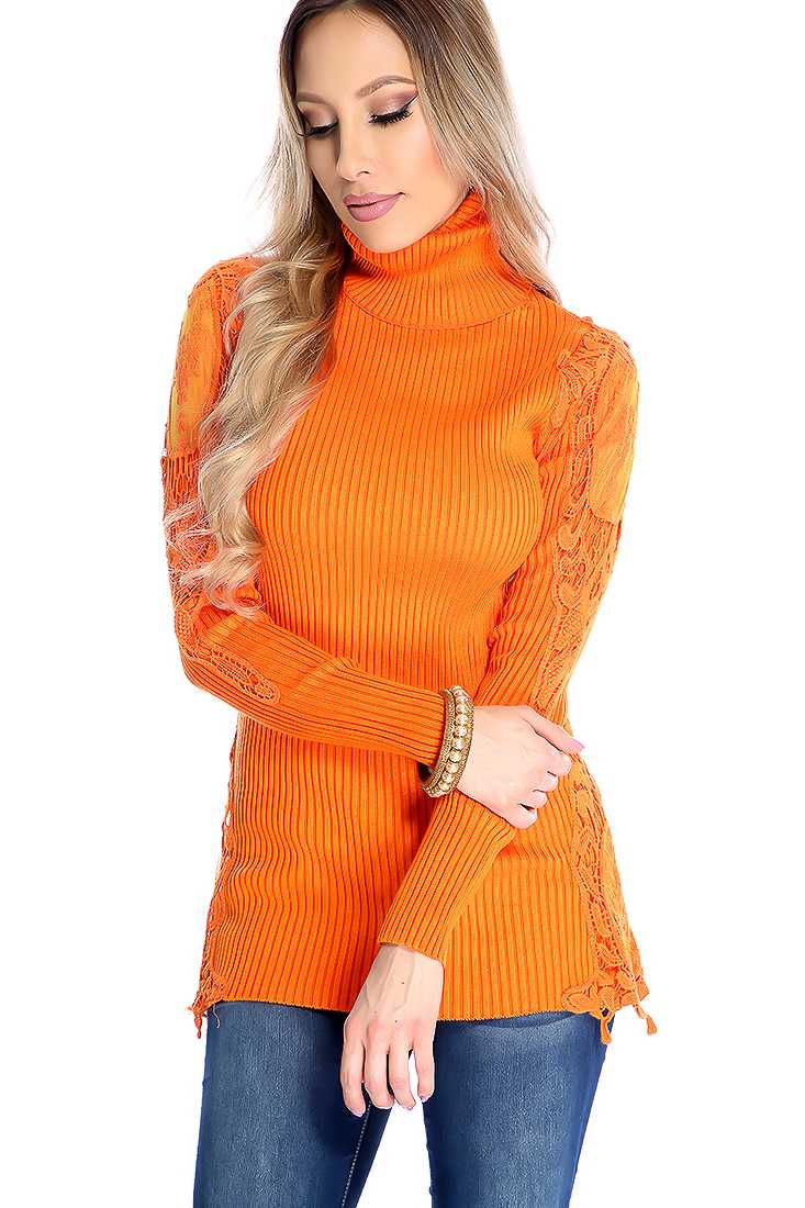 Orange Long Sleeve Crochet Trim Turtle Neck Casual Top
