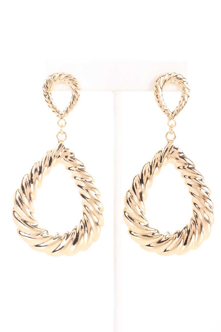 Gold Detailed Carved Design High Polish Raindrop Earrings