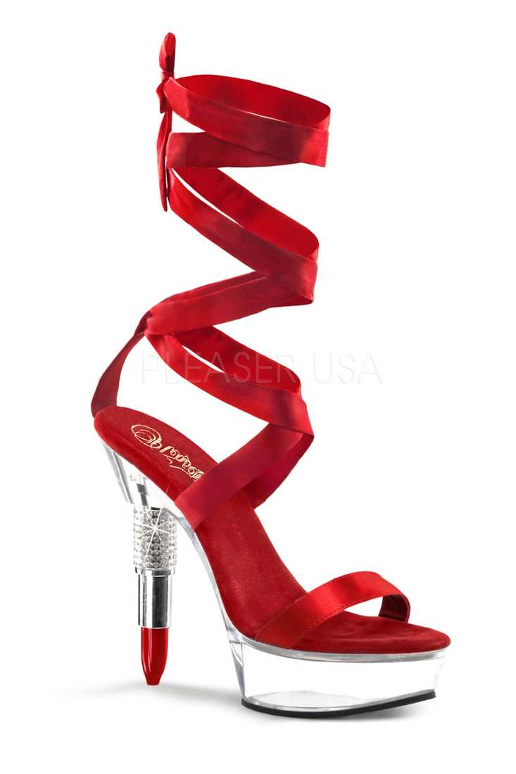 Red Satin Straps Rhinestone Embedded Lipstick Platform High Heels Patent