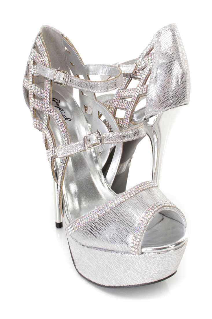 Silver Rhinestone Decor Platform Heels Faux Leather
