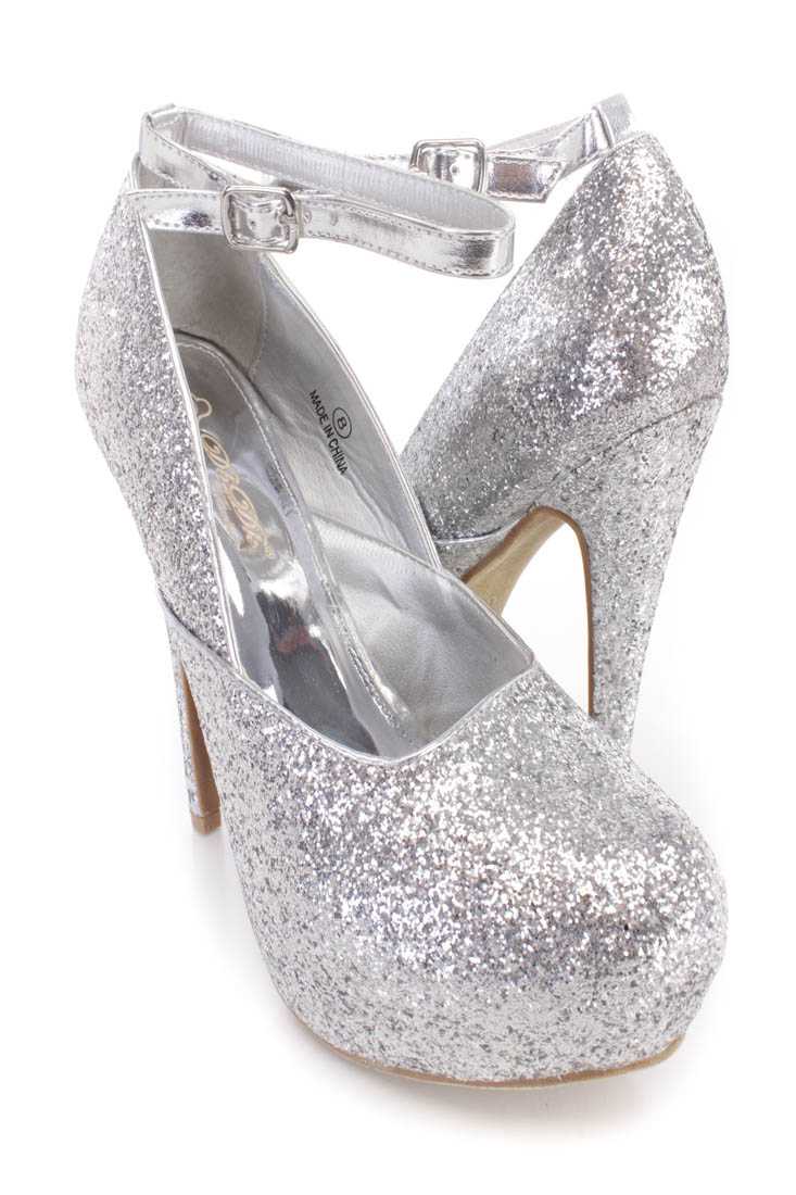 Silver Ankle Strap Platform High Heels Shimmer Fabric