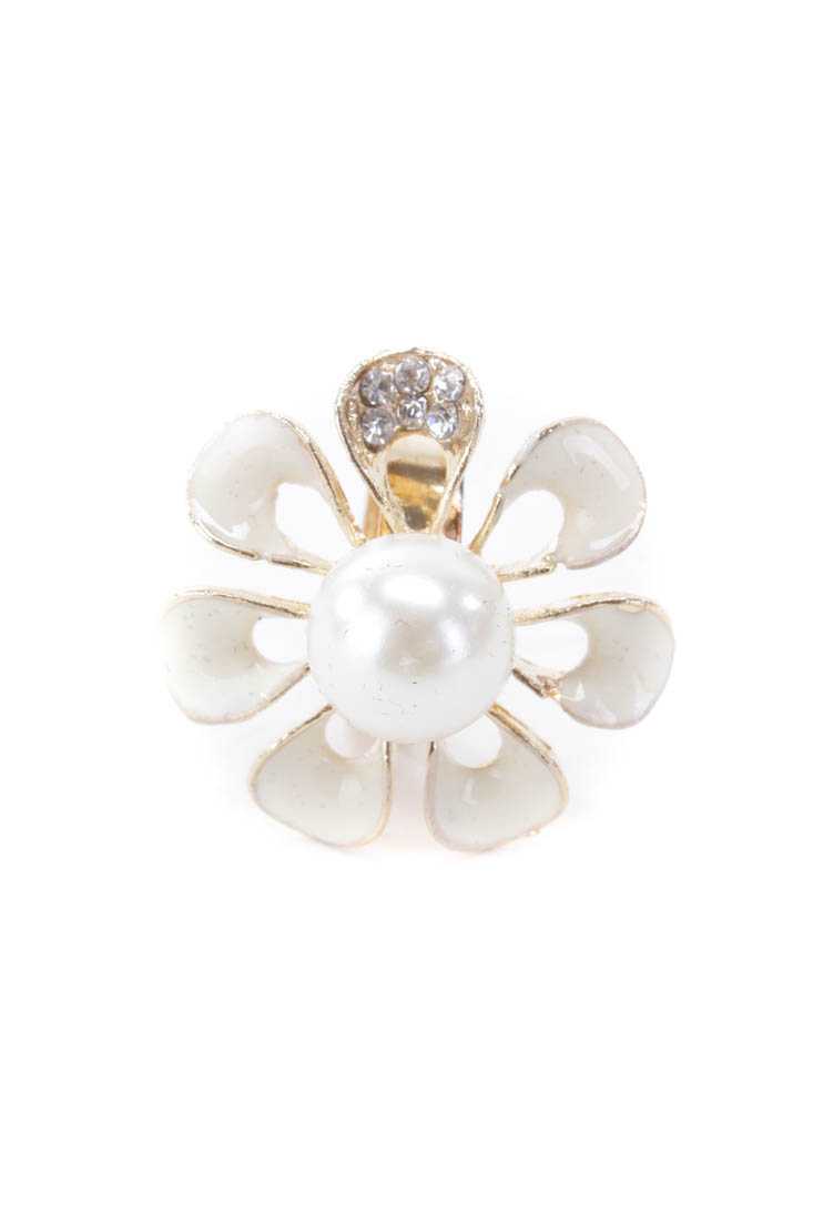 White Floral Faux Pear Center Rhinestone Decor Ring