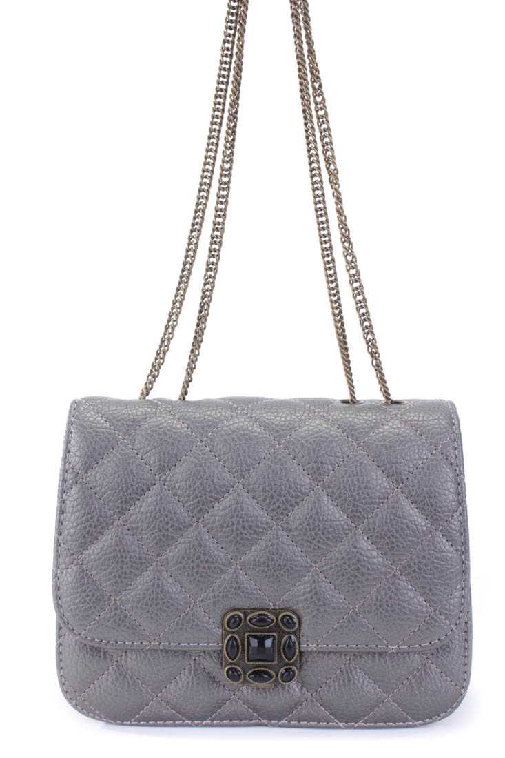 Grey Quilted Texture Chain Link Strap Shoulder Handbag