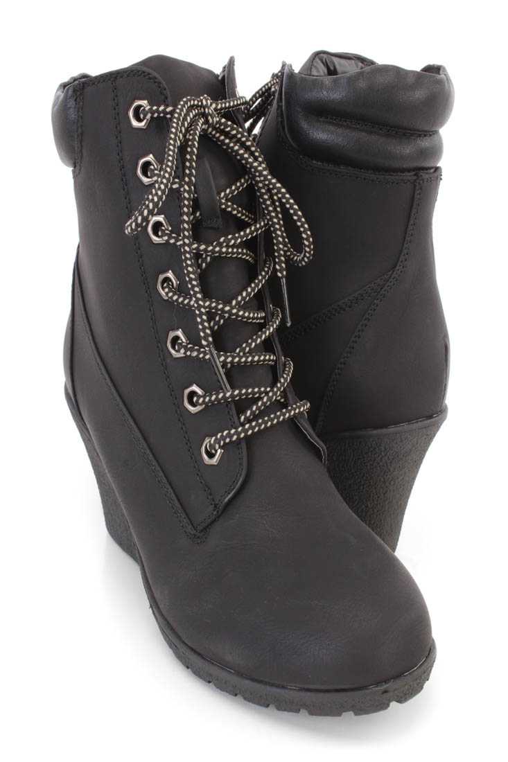 Black Lace Up Wedge Ankle Booties Nubuck