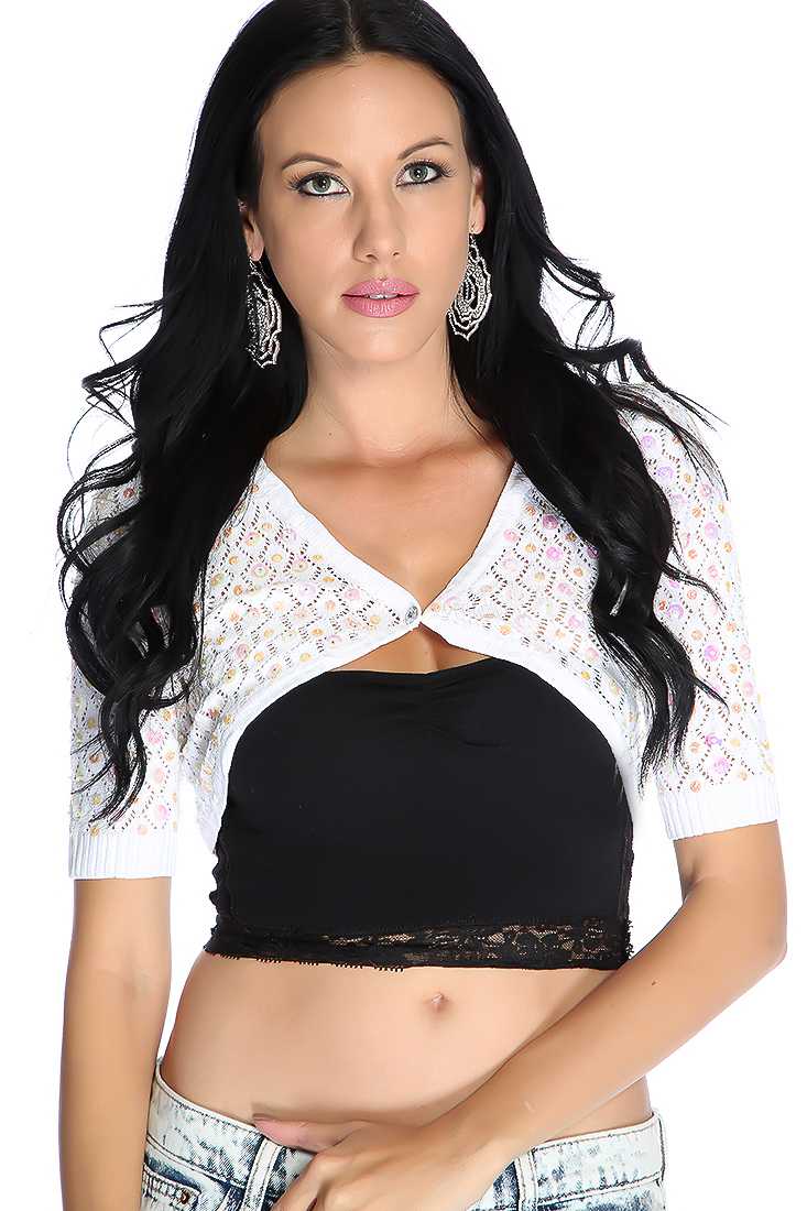 White Short Sleeve Open Knit Sequin Crop Bolero Cardigan