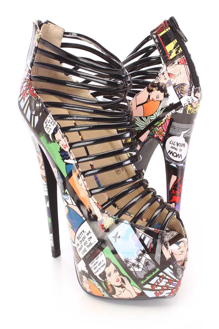 Rainbow Printed Strappy Platform Heels Patent