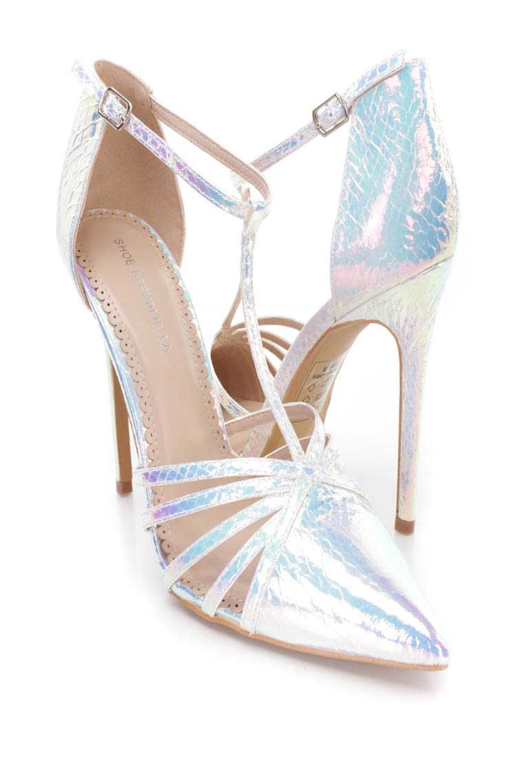Silver Holographic T Strap Single Sole High Heels Faux Leather