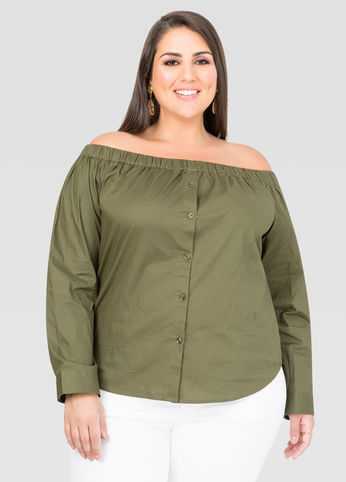 Off-Shoulder Button Front Shirt