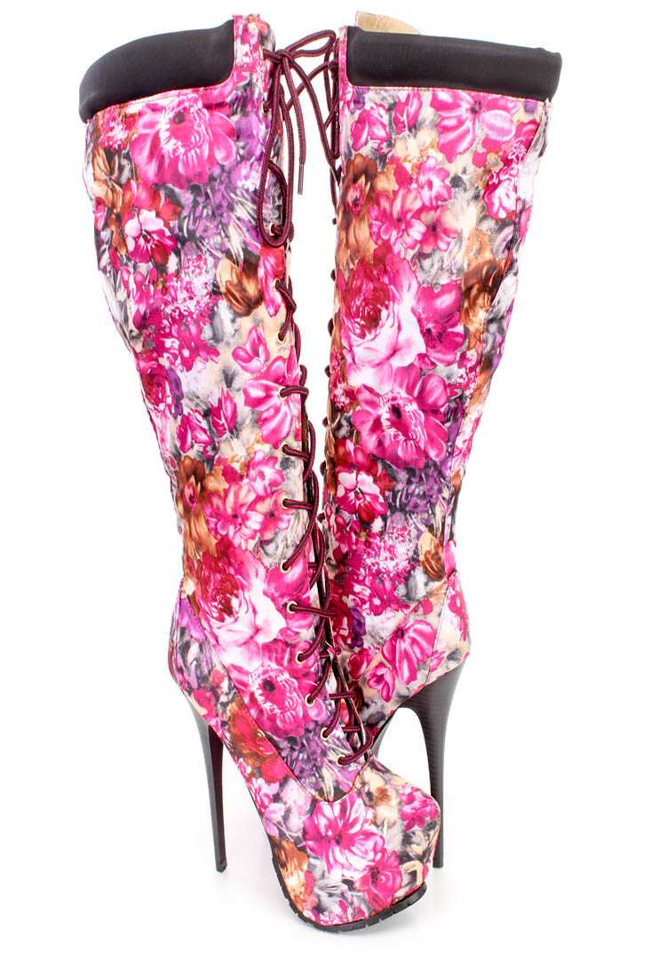 Pink Floral Lace Up 6 Inch Stiletto High Heel Boots Satin