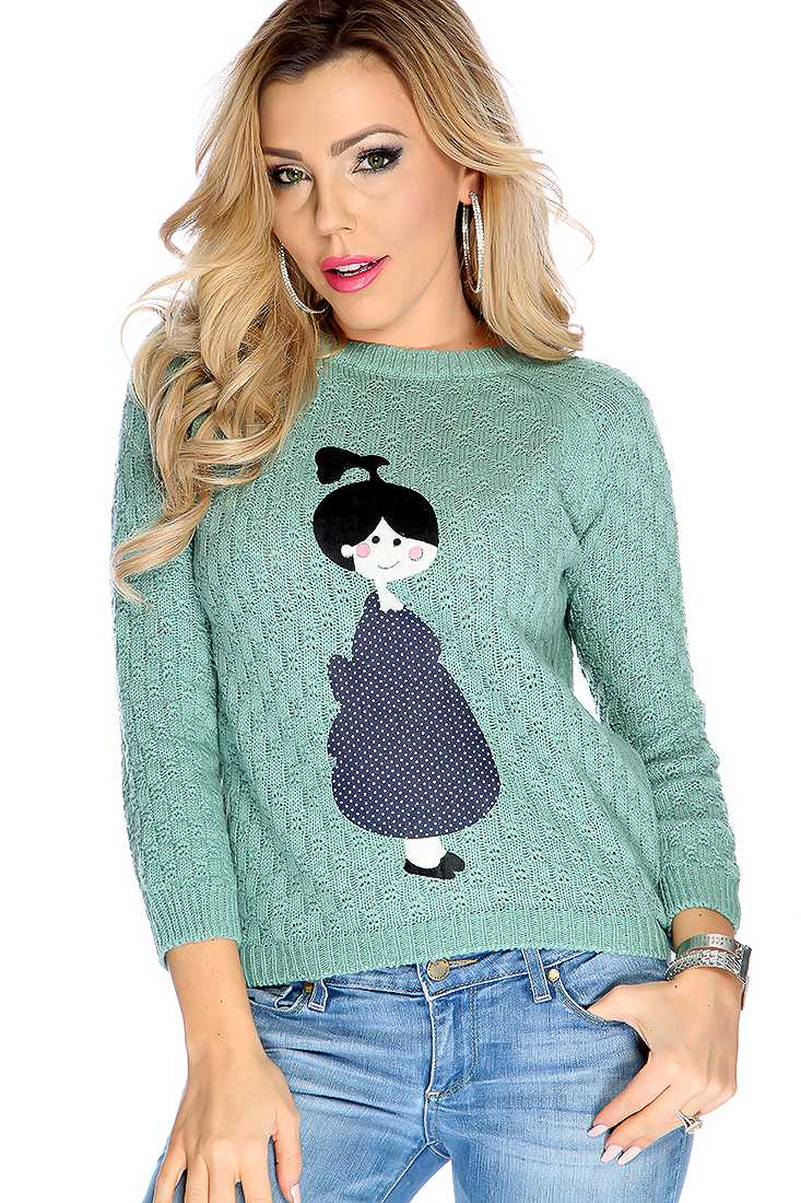 Sage Knitted Girl Patch Long Sleeve Sweater Top