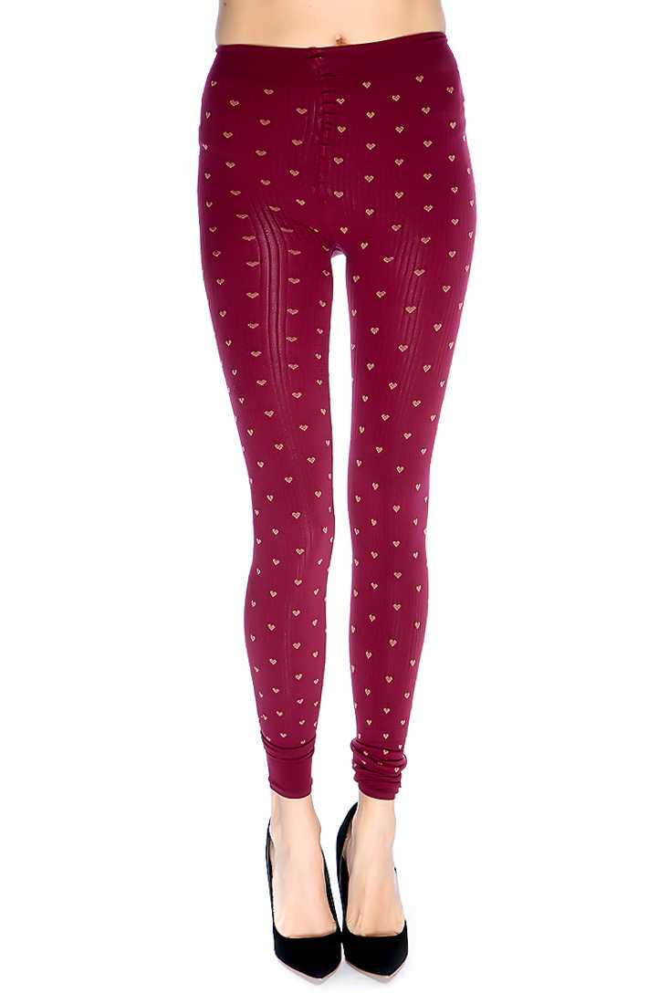 Burgundy Textured Heart Pattern Leggings