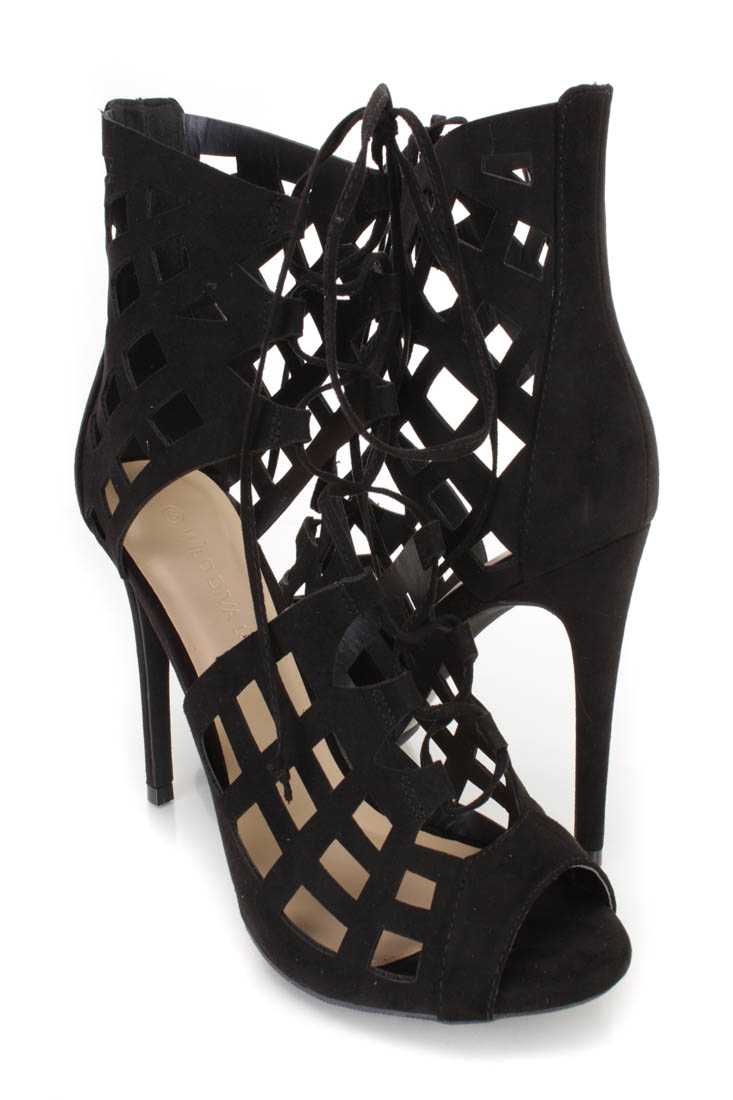 Black Lace Up Peep Toe Heels Faux Suede