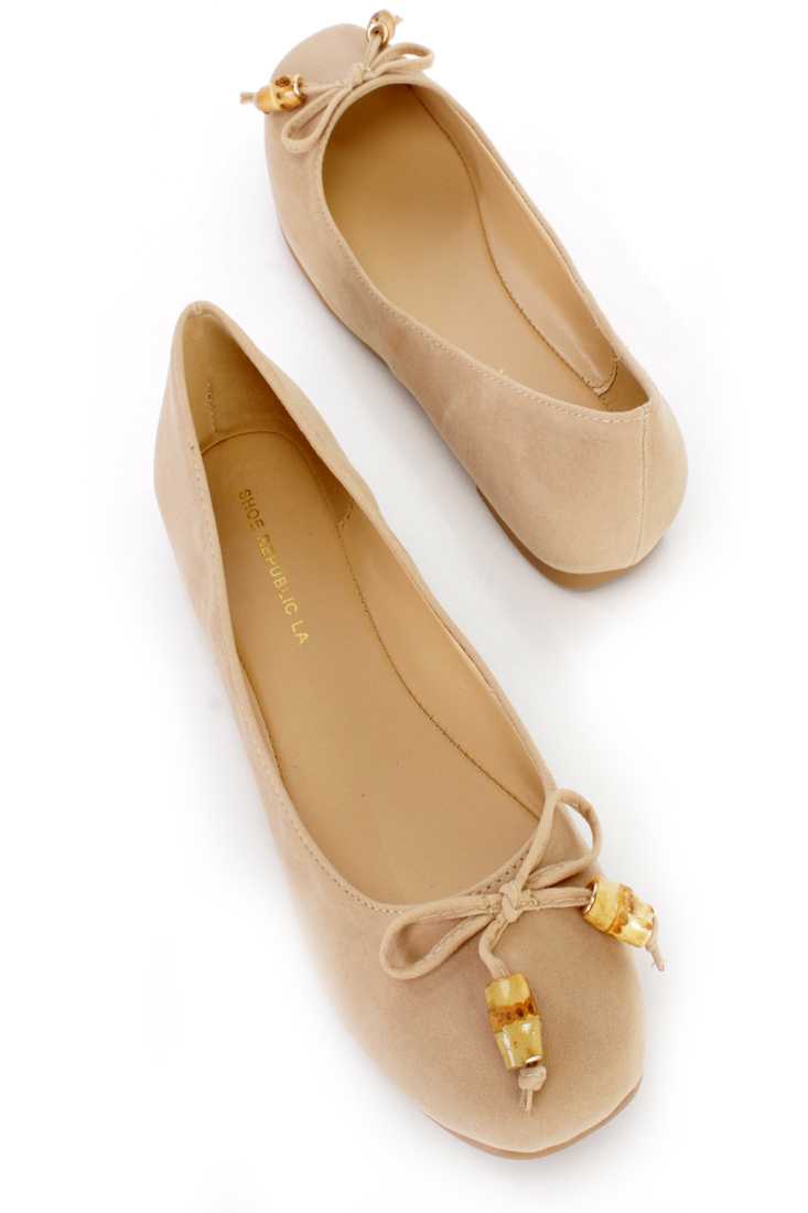 Nude String Bow Tie Ballet Flats Faux Suede