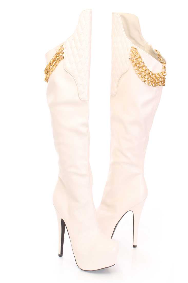 Stone Chain Link Knee High Boots Faux Leather
