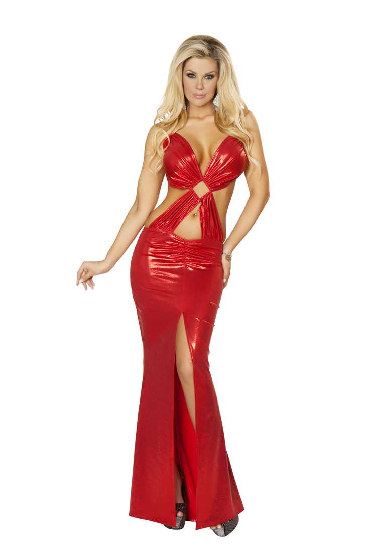 Red Diamond Ring Front Slit Open Back Sexy Dress