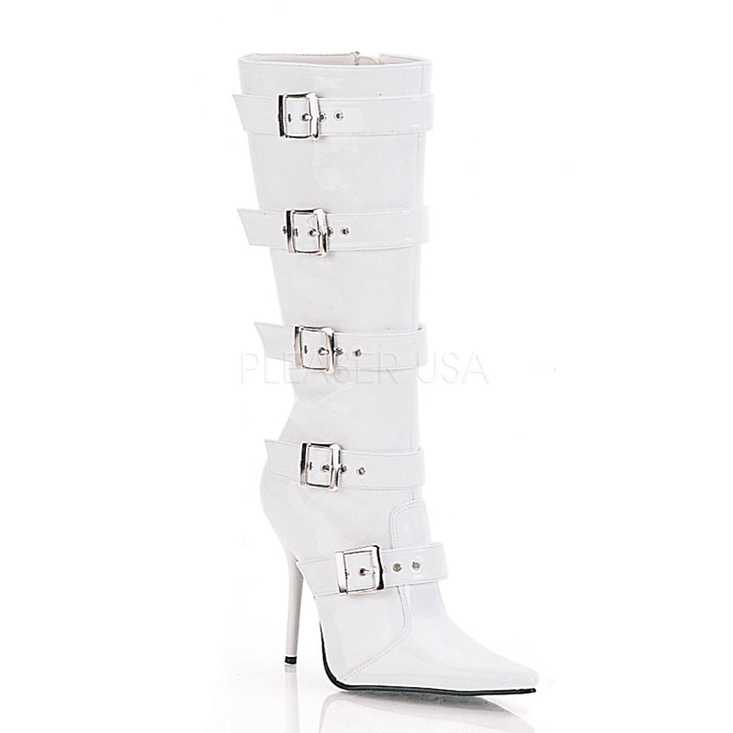 White Buckled Strappy Knee High Boots Patent