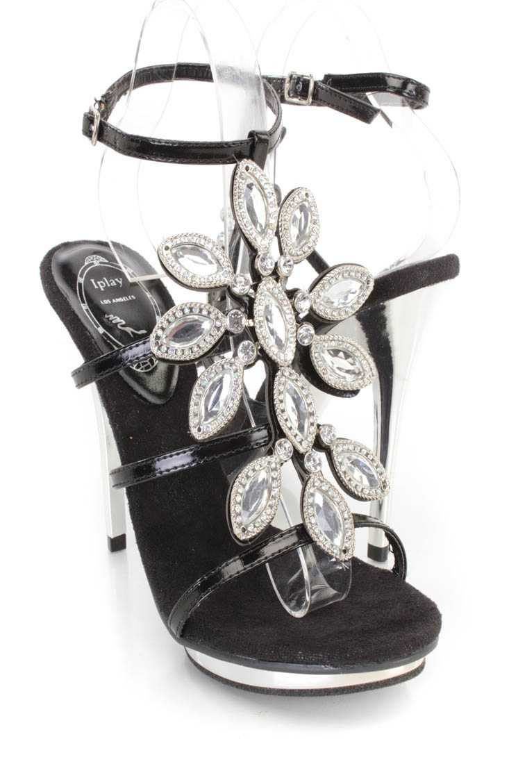 Black Gemstone Strappy High Heels Faux Leather