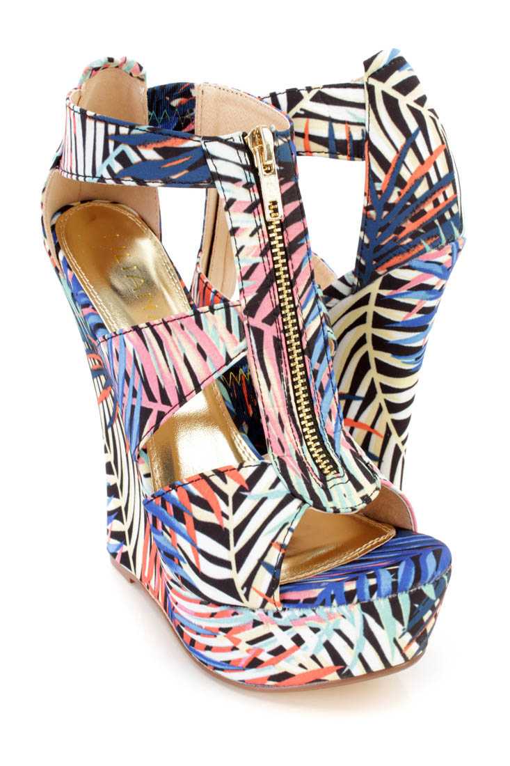 Blue Multi Strappy Front Zipper Platform Wedges Fabric