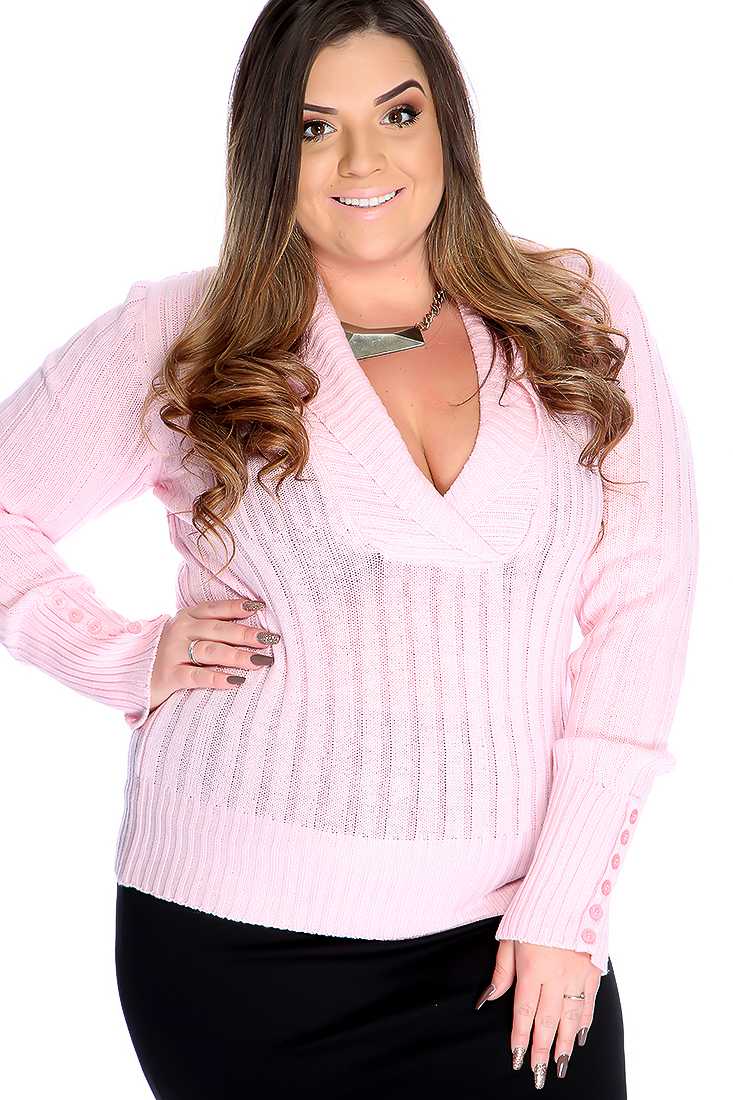 Sexy Light Pink Long Sleeves V Neck Knitted Sweater