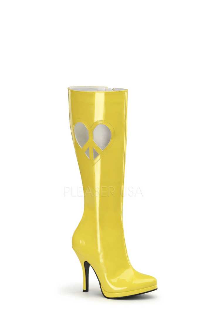 Yellow Peace Heart Cut Out Knee High Boots Patent