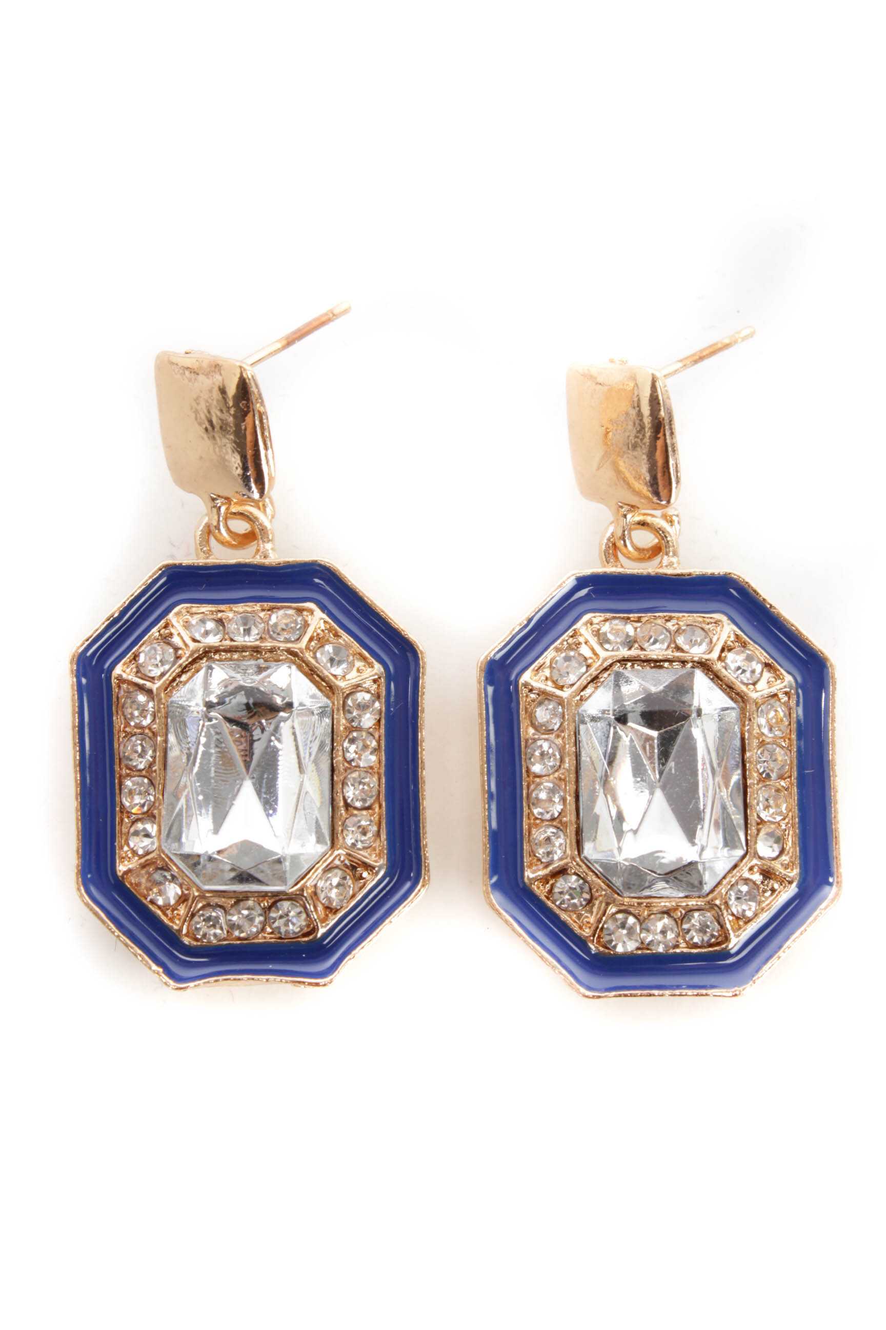 Blue Gold Rhinestone Accent Dangle High Polish Metal Earrings