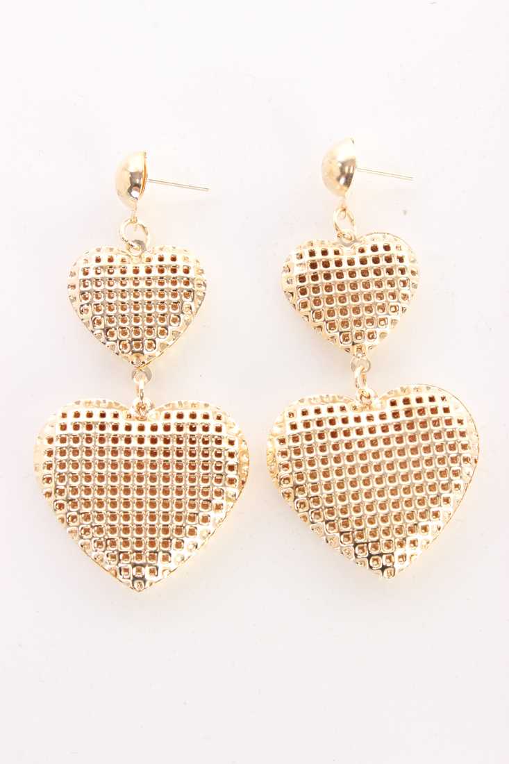 Gold Double Heart Perforated Droop Design High Polish Earrings