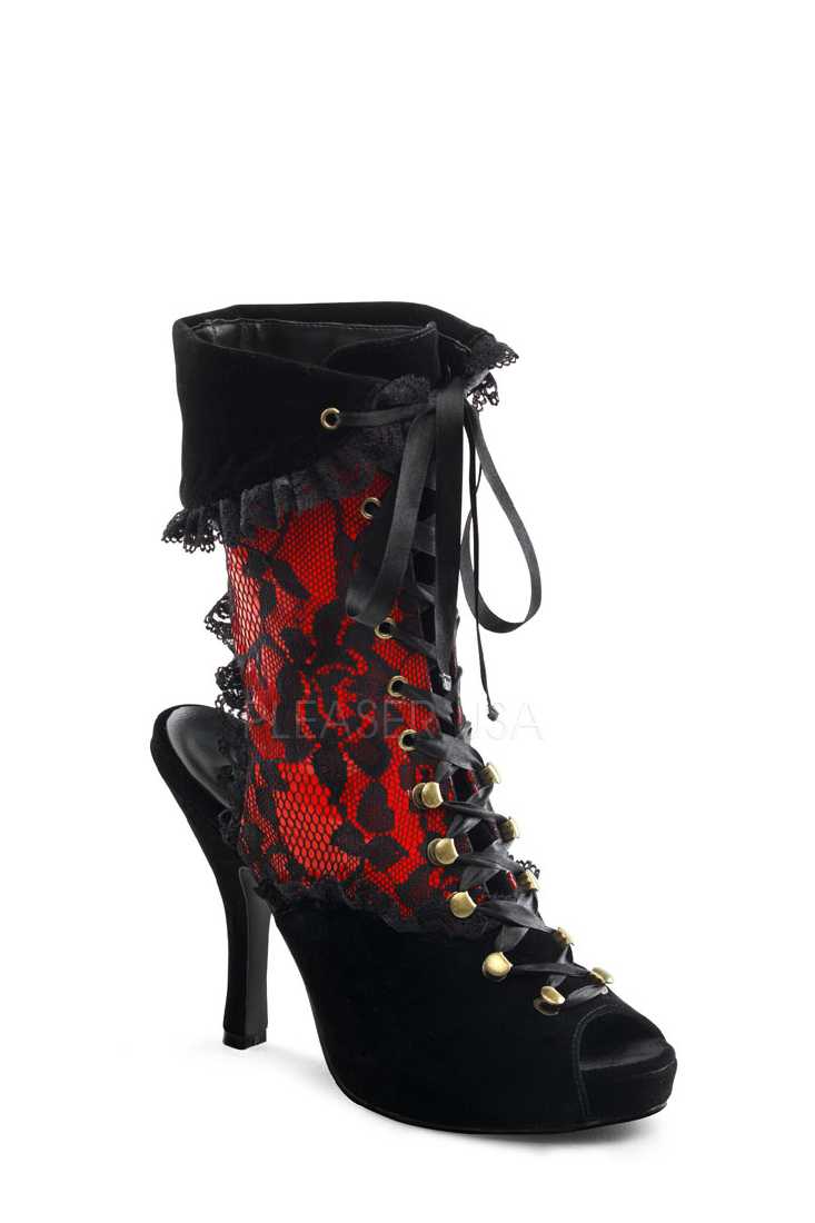 Black Red Peep Toe Lace Up Ruffled Pirate Boots Velvet