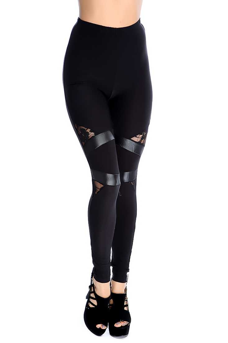 Stylish Black Floral Lace Cutout Faux Fur Detail Leggings