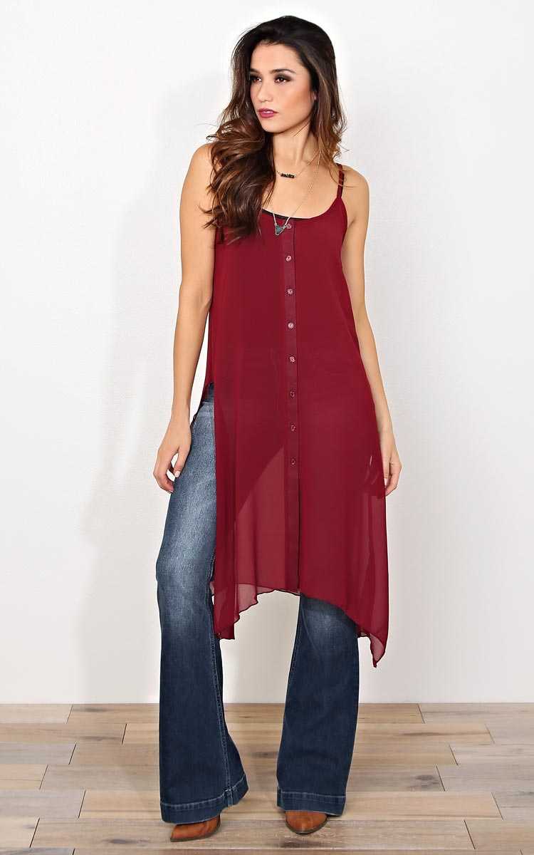Autumn Risk Longline Top - MED - Burgundy in Size Medium by Styles For Less